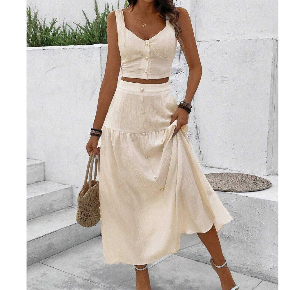 Button Detail Sweetheart Crop Top Maxi Skirt Set